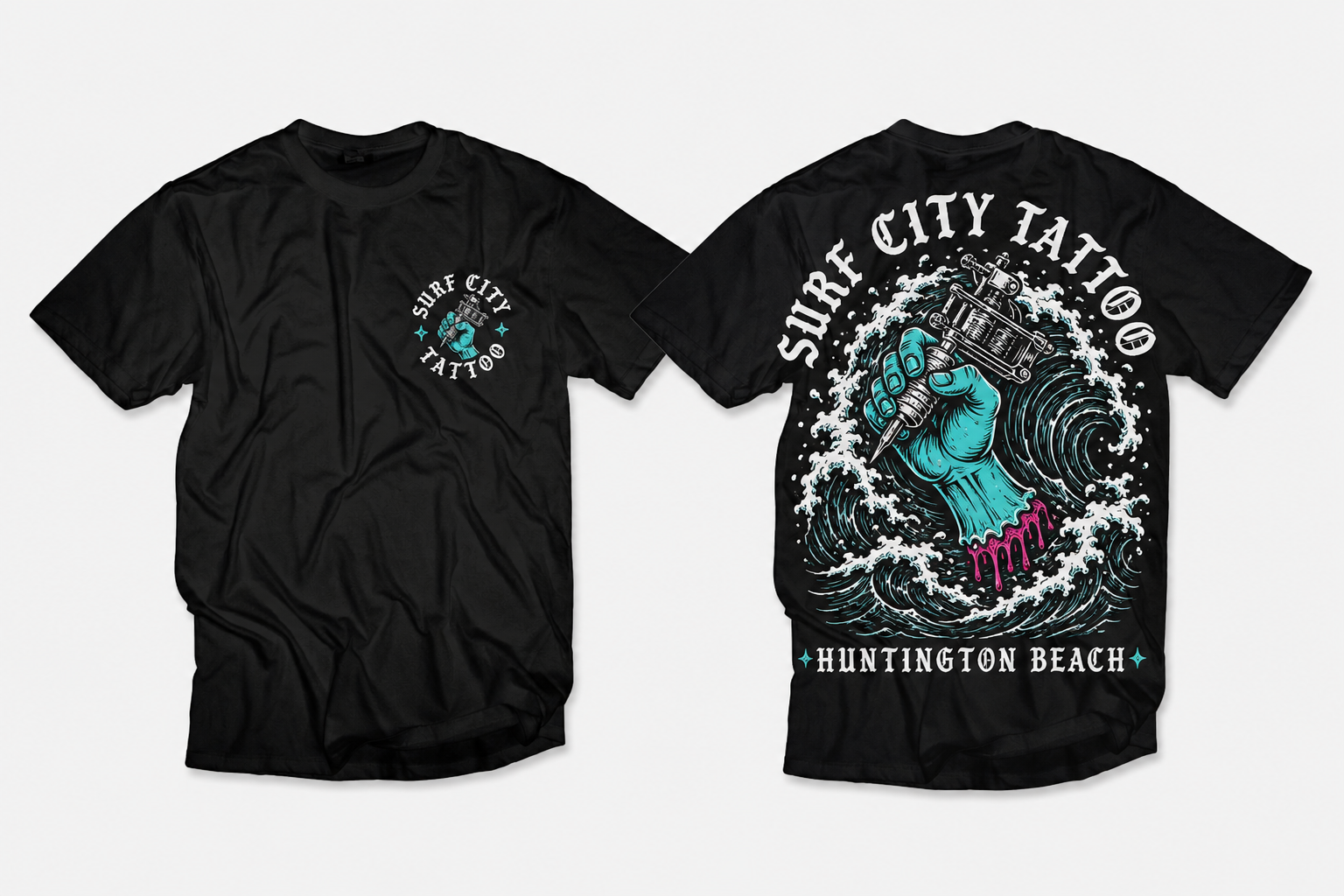 Dead Hand Surf City Tattoo t-shirt concept, front and back