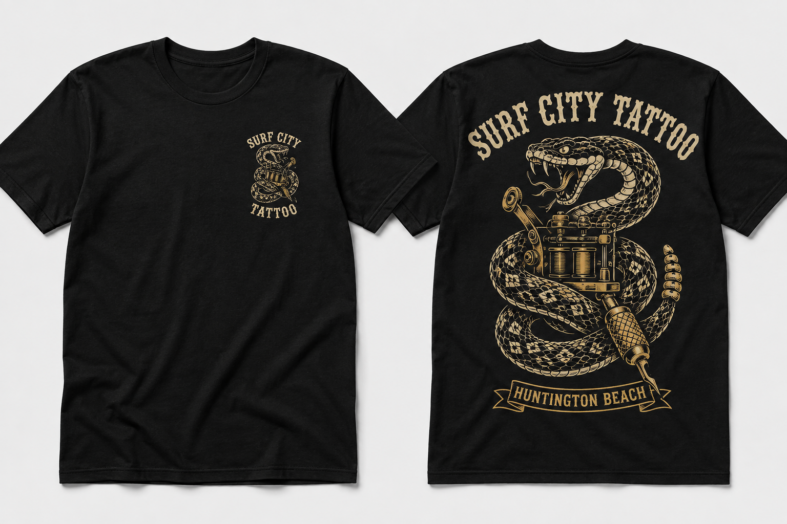 Rattlesnake Surf City Tattoo t-shirt concept, front and back