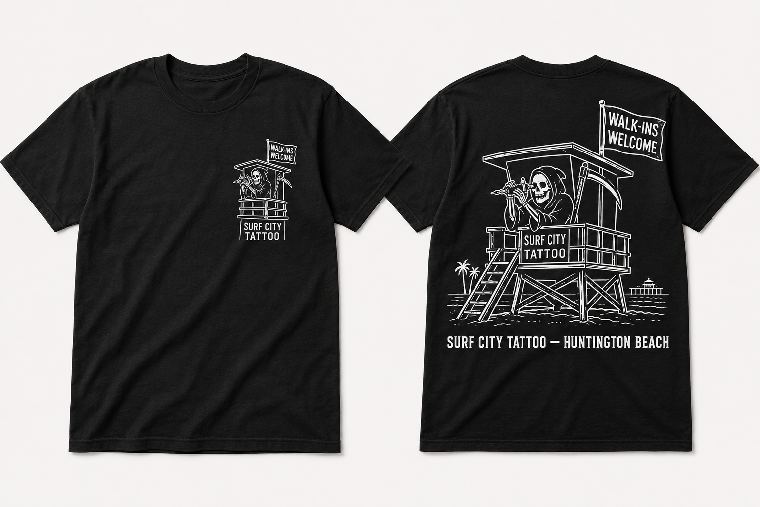 Walk-Ins Welcome Surf City Tattoo t-shirt concept, front and back