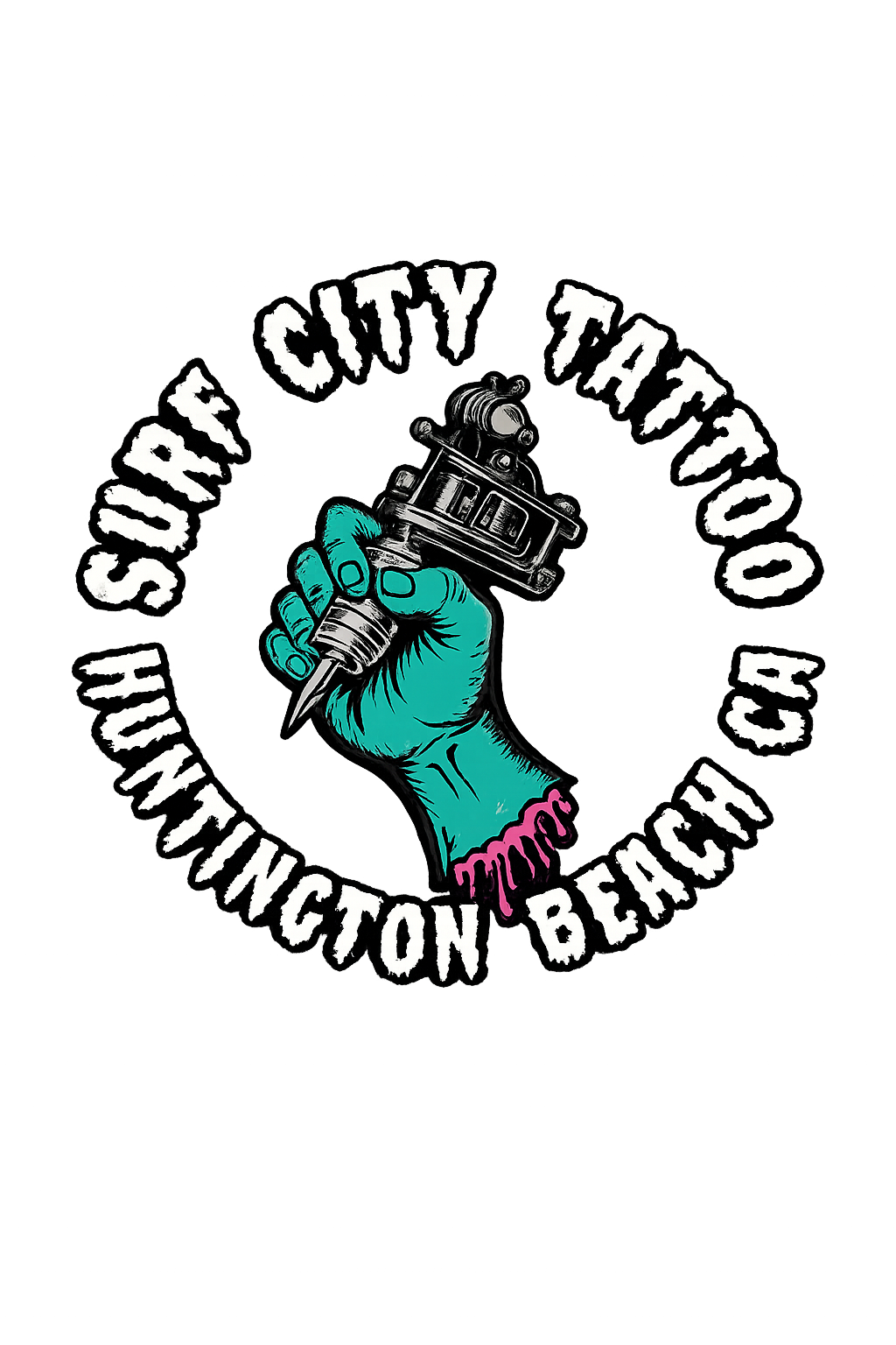 Surf City Tattoo shop artwork: skeletal hand rising from a breaking wave