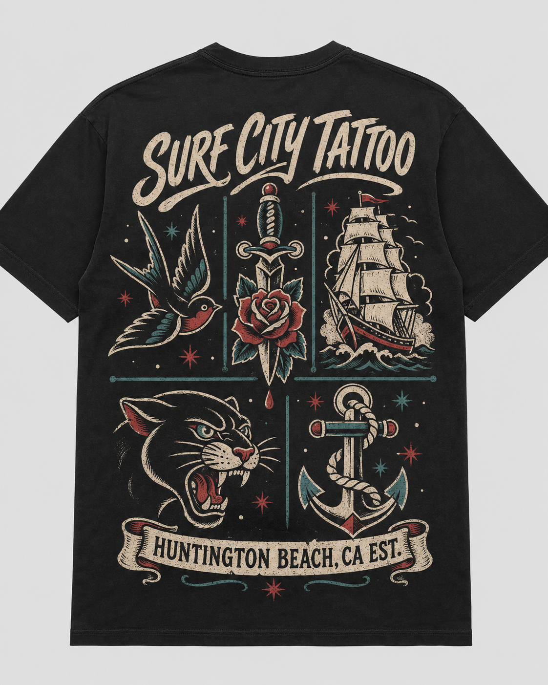 Flash Sheet Surf City Tattoo t-shirt concept, front and back
