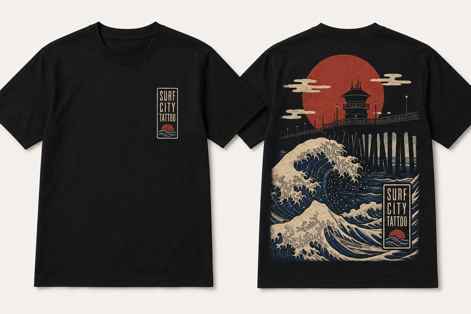 Pier & Wave Surf City Tattoo t-shirt concept, front and back