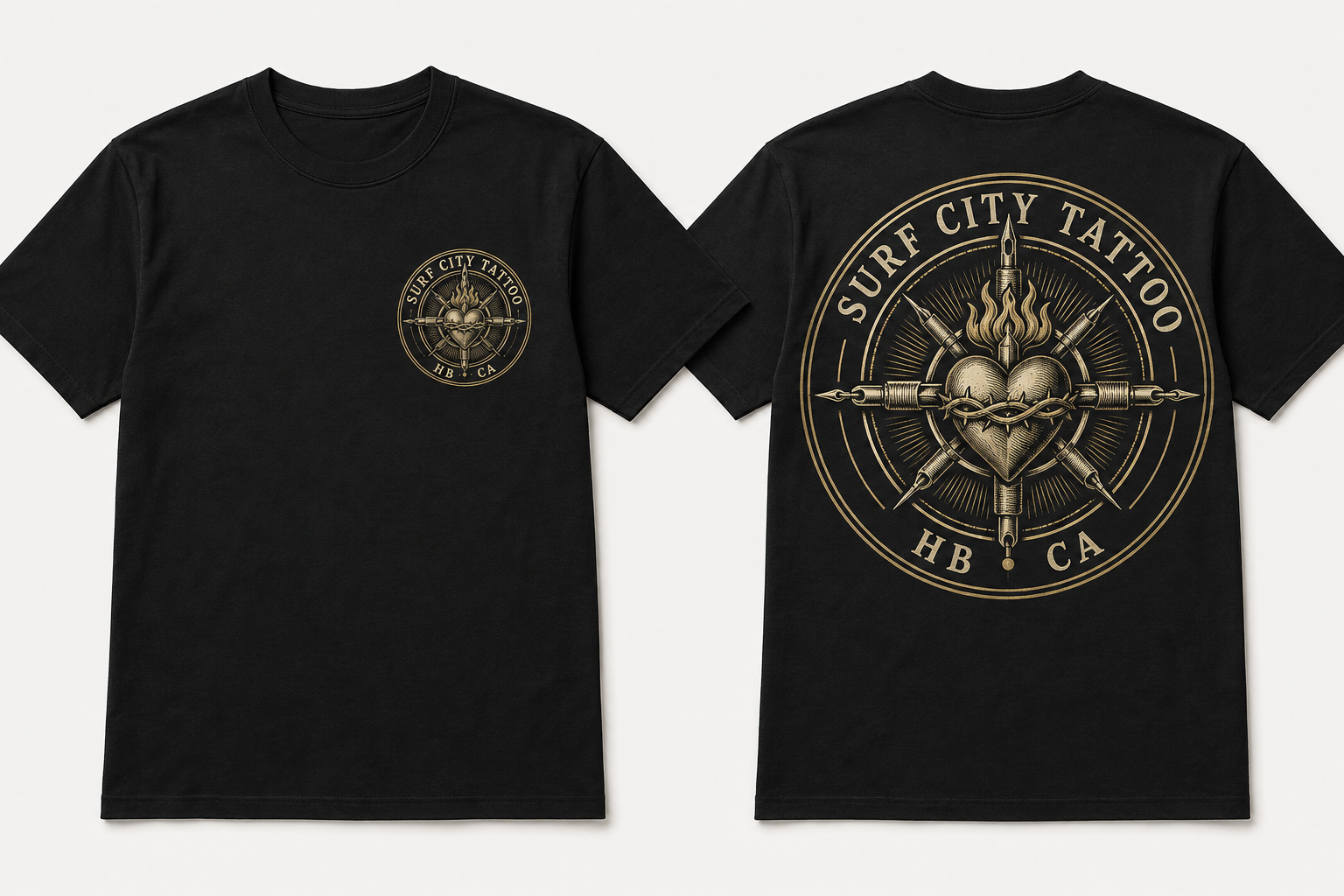 Sacred Compass Surf City Tattoo t-shirt concept, front and back